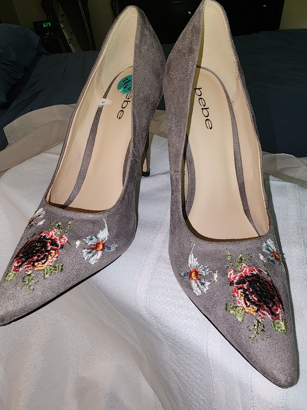 bebe Taupe Suede Pointed-Toe Heels with Floral Embroidery
